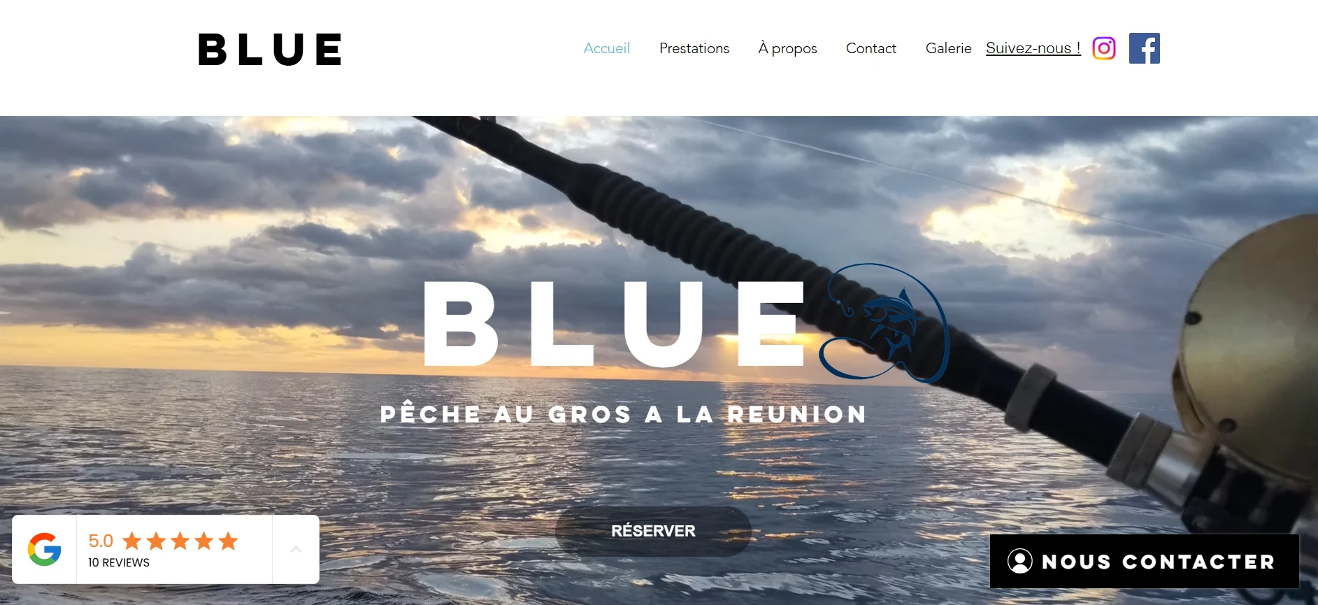 Page d'accueil du site Blue Pêche au Gros réalisé pour une activité à Saint-Gilles-les-Bains