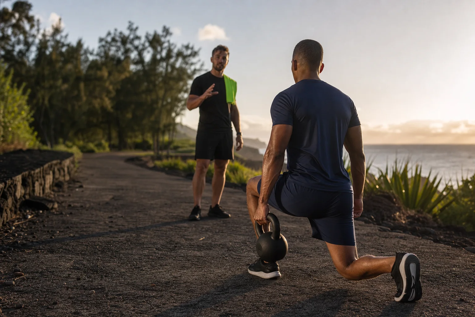 Séance de coaching sportif au bord de l'océan